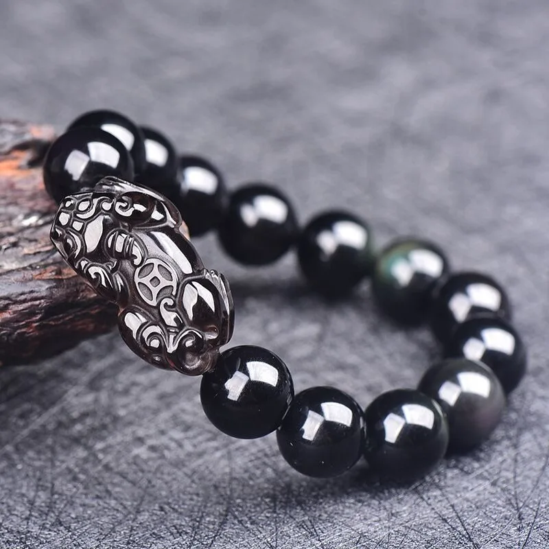 Obsidian Double Pixiu Black Obsidian Tibetan Silver Pixiu Bracelet Rainbow Eye Obsidian Pixiu Bracelet