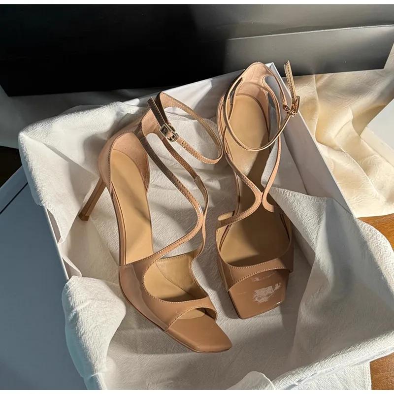 Fashion Patent Leather Peep Toe Women Gladiator Sandals Sexy Narrow Band Ankle Strap Gold Stiletto High Heels Summer Party Shoes