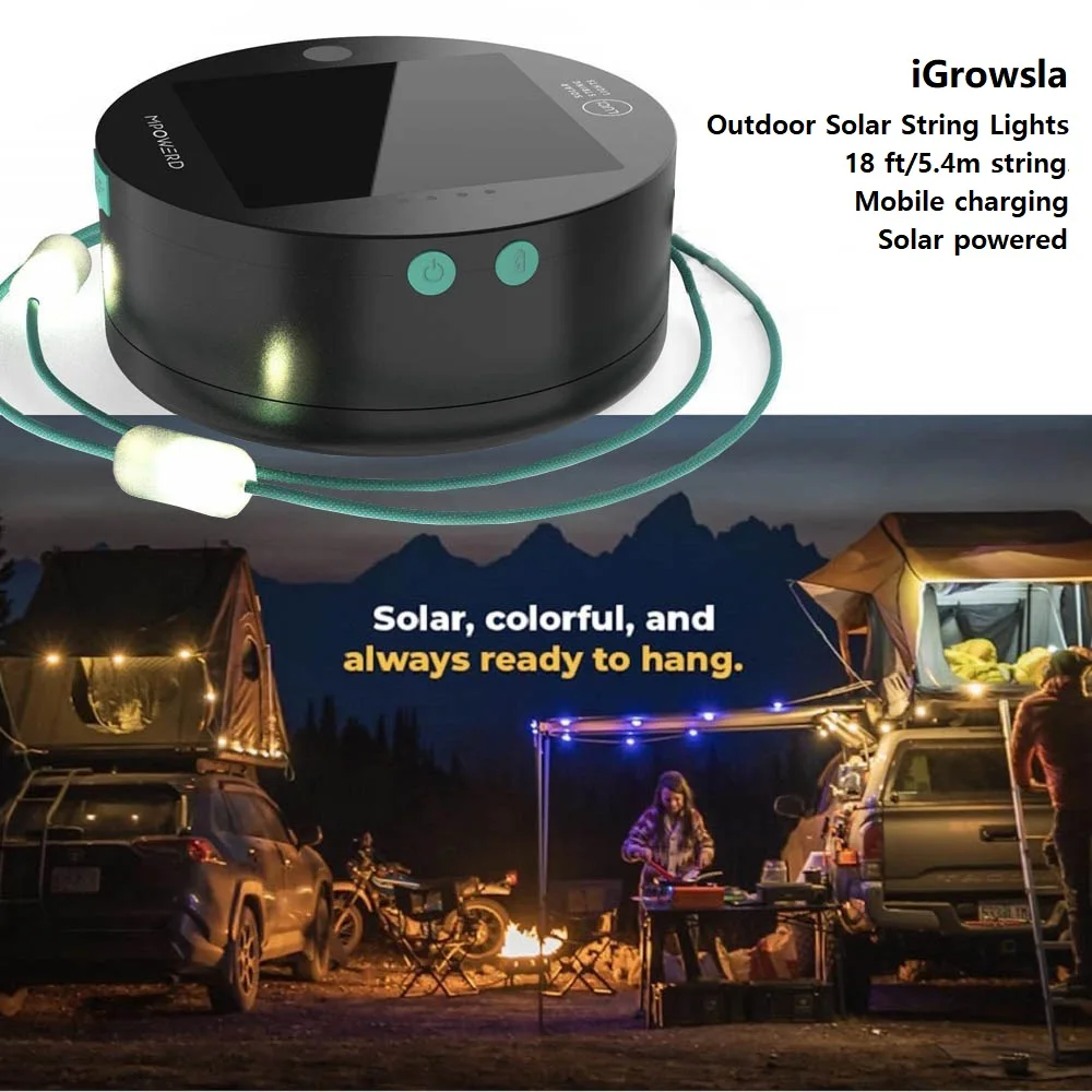 Solar Outdoor Camping String Lights Phone Charger Portable  LEDs Strip Rechargeable via Solar or USB Detachable 5.5m Cord