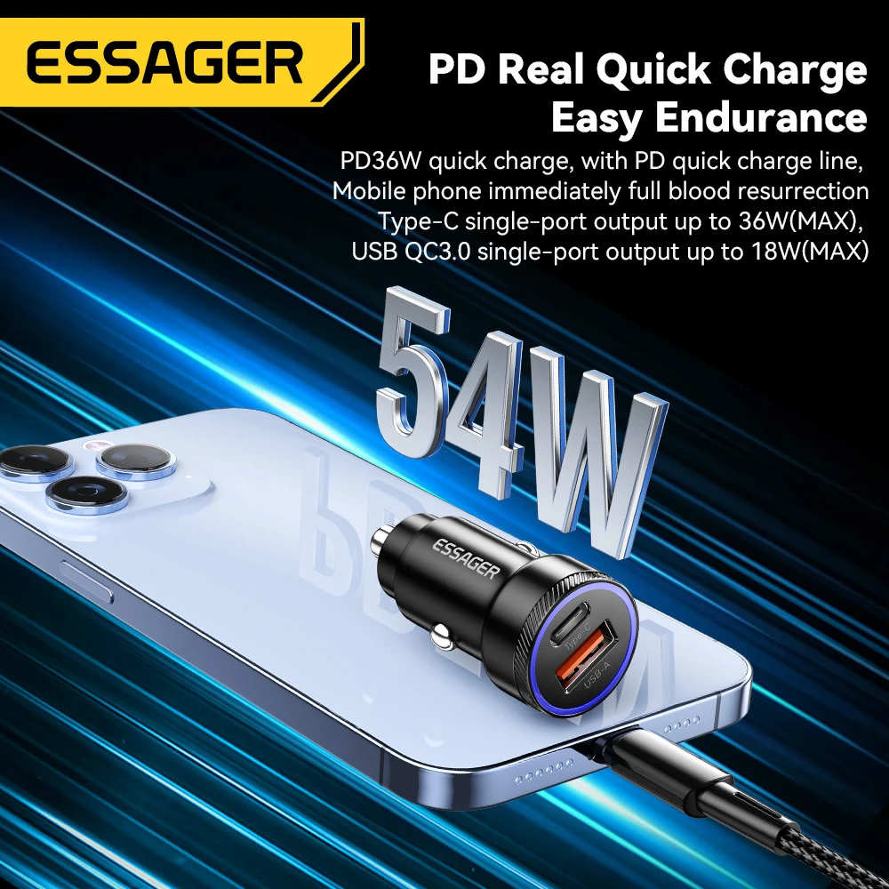 Essager 차량용 USB 충전기, 고속 충전 3.0, QC SCP AFC 30W, USB C 타입, 샤오미 포코, 아이폰, 화웨이, 삼성용, 54W, 5A