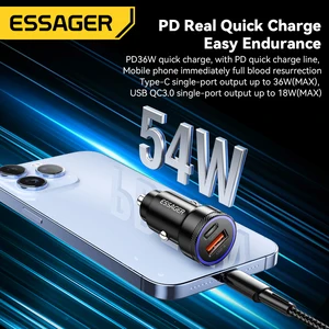 USB car charger Essager, 5th fast load, type C, fast loading, xiaomi, poco, iPhone, huawei, samsung, qc, scp, AFC, 30W, 54w 12 Main Sales Charger 30W - №5