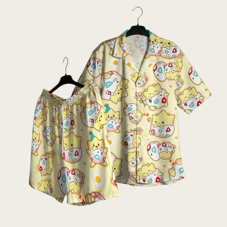 

2026 Summer Hot Selling Togepi Men Hawaiian Shirt Shorts Set Women Home Casual Loose Fit Anime Pajamas T-shirt Shorts Two-piece