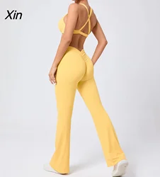 Tuta da Fitness sportiva da corsa estensibile da donna reggiseno incrociato sul retro e Leggings svasati in vita a V palestra abbigliamento sportivo 2 pezzi Set da Yoga