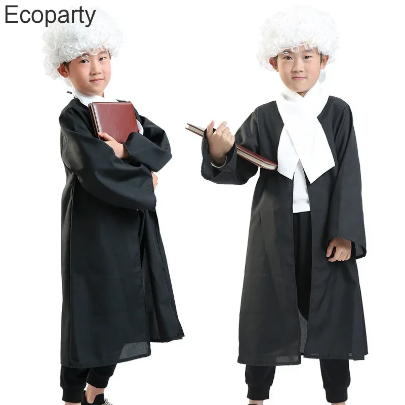 Children Lawyers Cosplay Costume For Boy Girls Halloween Counselor Judge Black Uniform Robe Wig Kids Stage Show Carnival Outfits