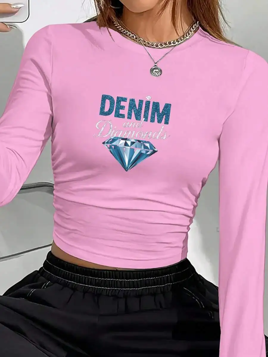 

Womens Long Sleeve Crop Top Solid Black Casual Shirt