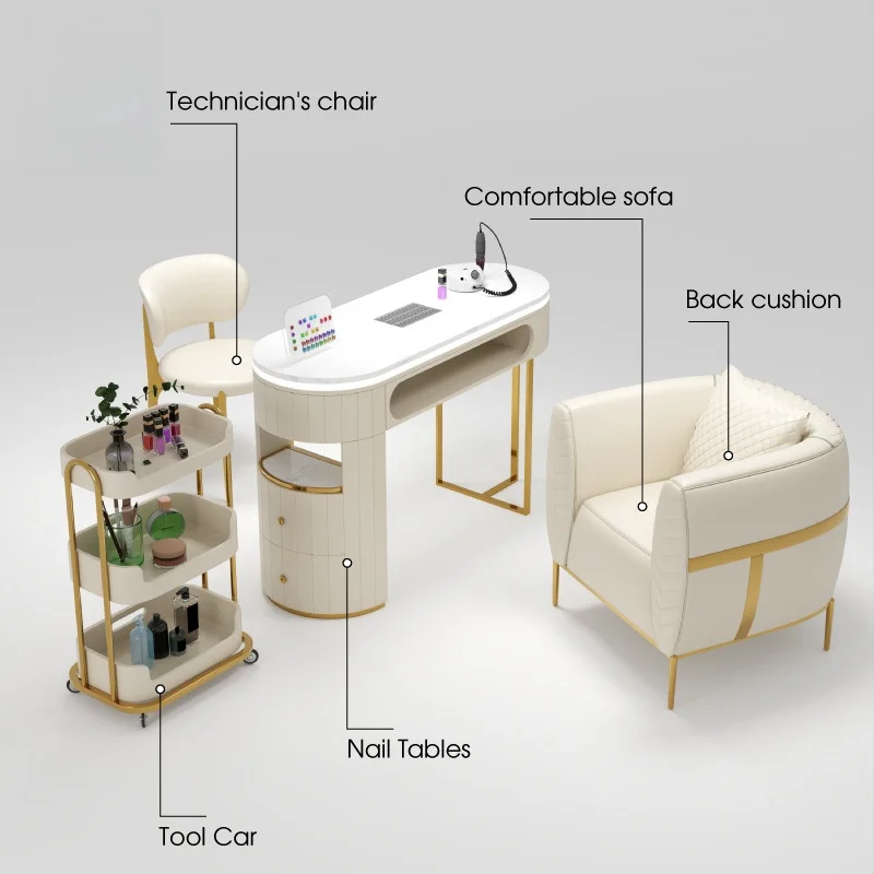 モダンライトラグジュアリーホワイトサロン家具設備ビューティーラッシュマニキュアテーブルサロンネイルテーブル＆チェアースツールセット