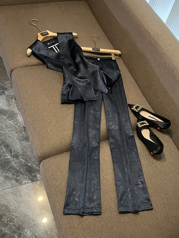 

Acetate Satin Vest Set Women's New Sle Svel V-Ne Thin Autumn Winter Faion Suit Jaet WY905 Commute Sle