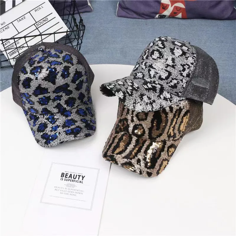 Summer Leopard Sports Cap Snapback Ladies Snake Women Mesh Baseball Caps Sequins Curved Hats Girls Hip Hop Hat Gorras Para Mujer