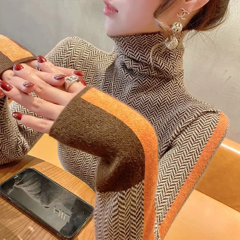 

Женская одежда, винтажные универсальные водолазки с длинными рукавами, осенне-зимние модные тонкие вязаные пуловеры с геометрическим рисунком, женские топы