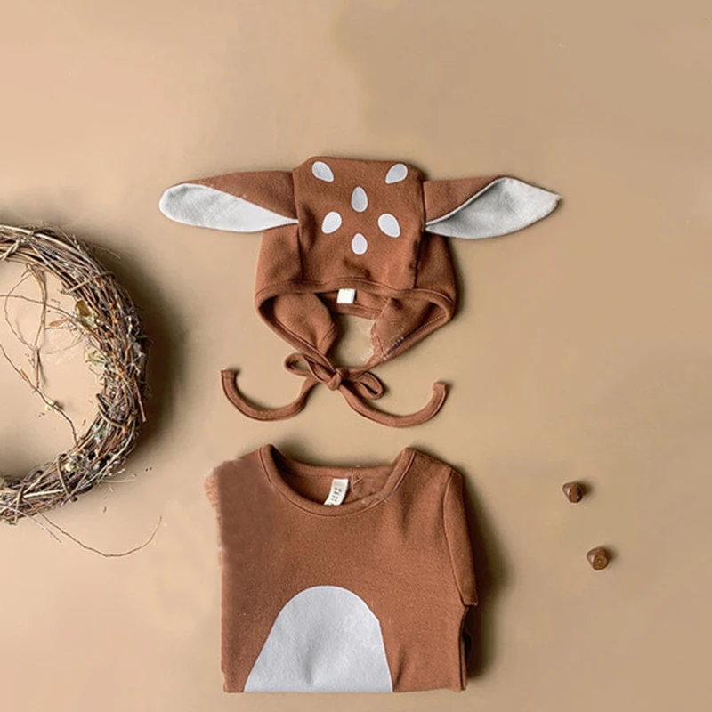 Adorable Baby Sika Deer Romper Hat 2pcs Sets Brown Infant Boy Girl Bodysuit Cap Clothing Outfits Long Sleeve Autumn Winter