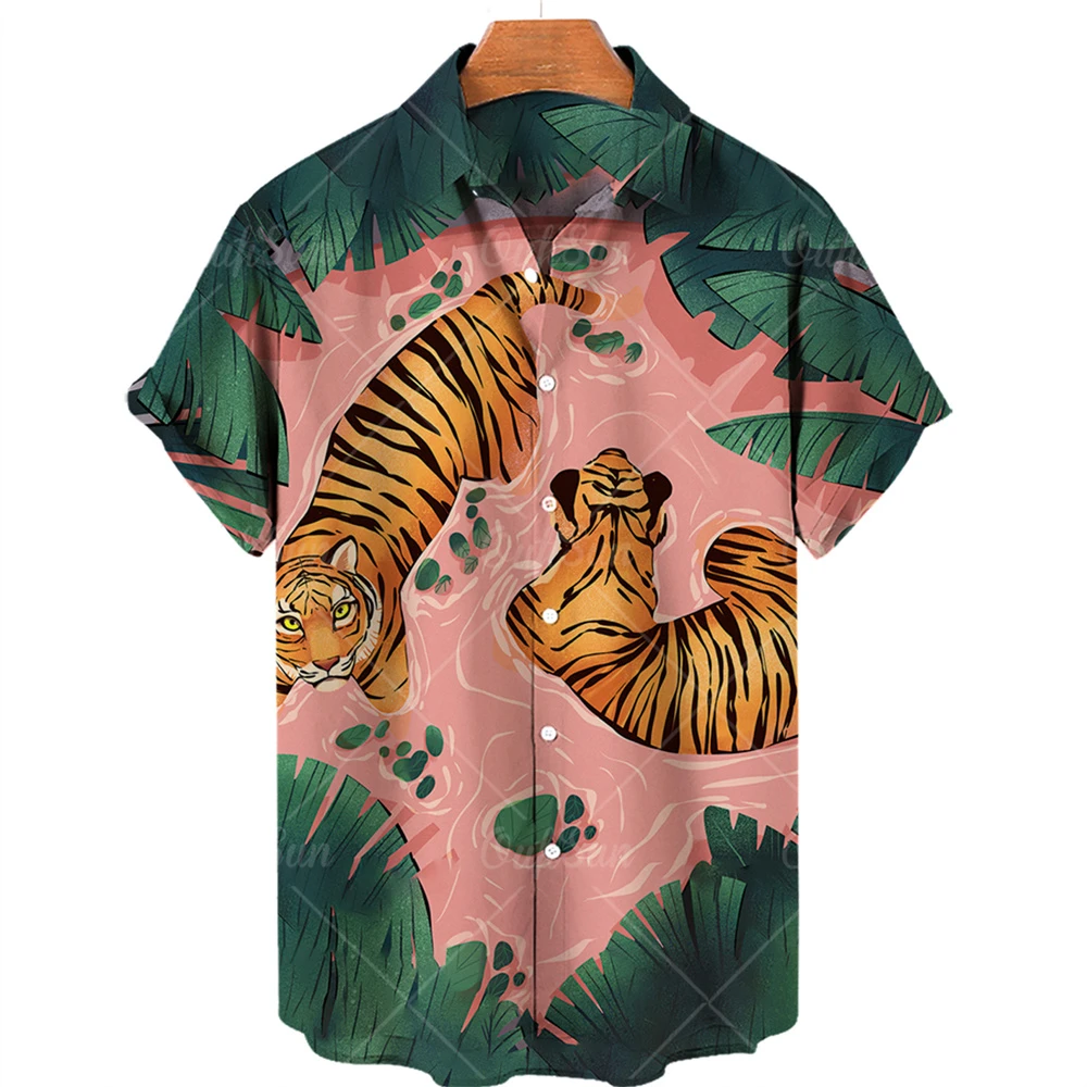 Summer Men Shirt Hawaiian Dragon Tiger Animal Social Oversized Tropical Short Sleeve Casual Floral Breathable Y2k Clothes Slim