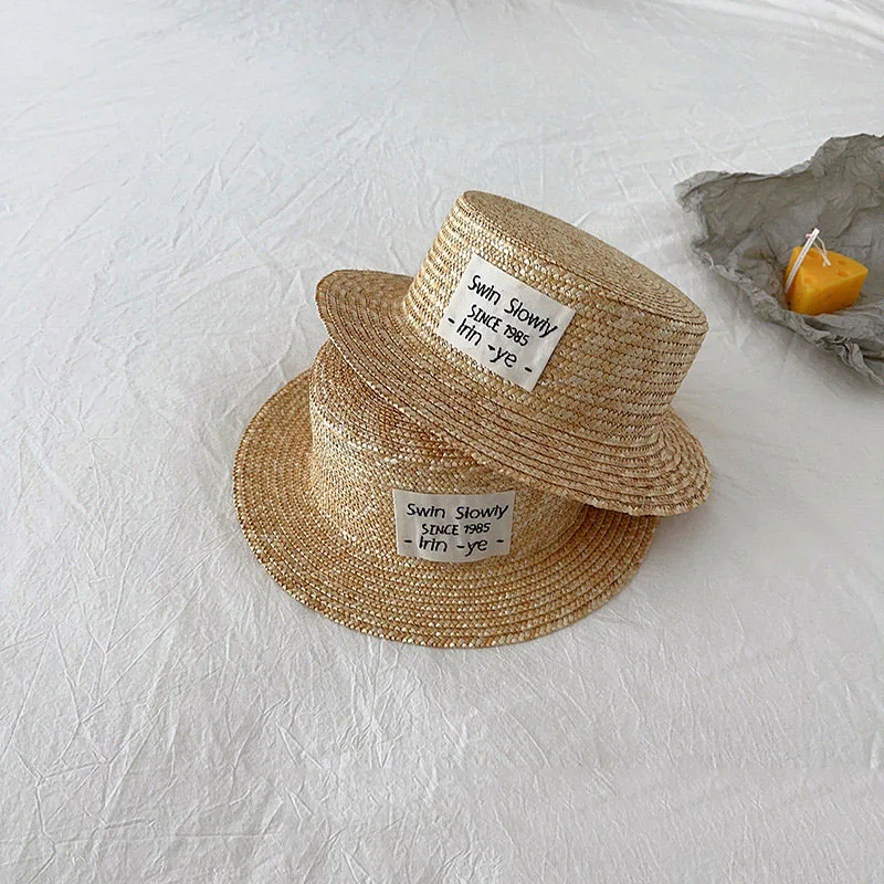 

Summer Kids Straw Hat With Label Korea Style Wheat Straw Top Hat Boys Girls Sun Visor Hat Sunscreen Holiday Child Beach Hat