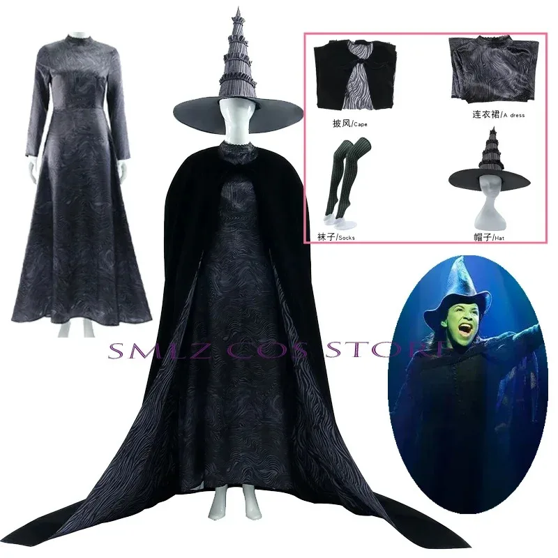 

Movie Wicked Cosplay Elphaba Cosplay Costume Black Witch Dress Cloak Hat Uniform Set Halloween Party Women