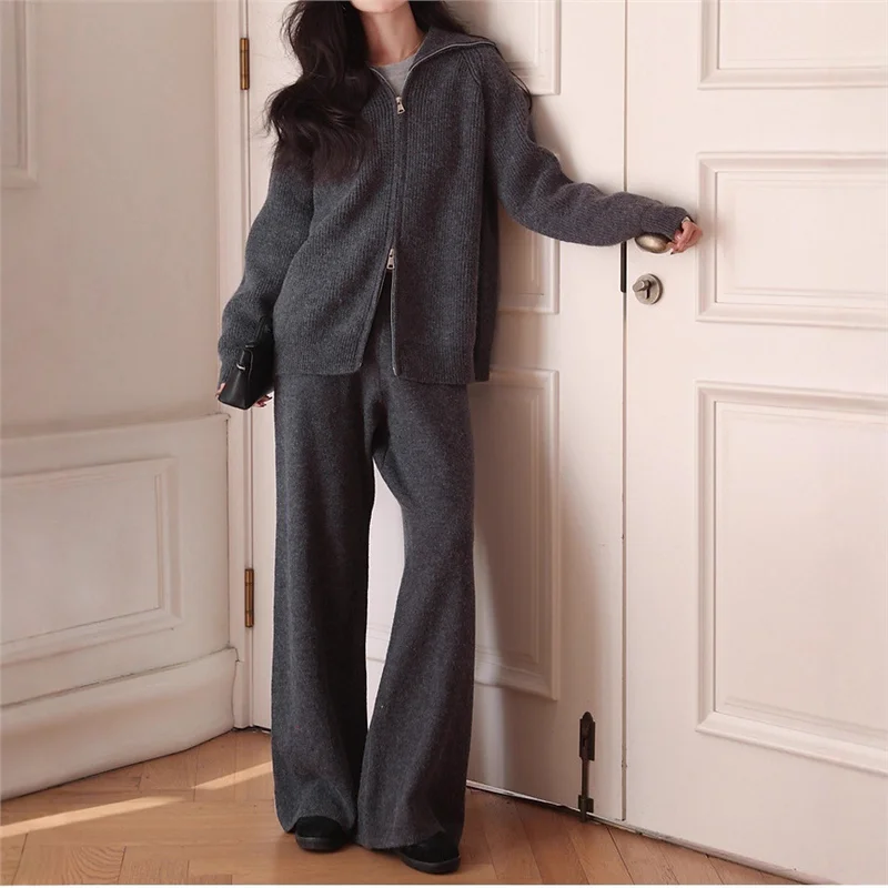 Women's New Autumn Winter Collared  Zip Ribbed Knit 2-Piece Set Oversized Wide Leg Pants Fashion Sweater Suit