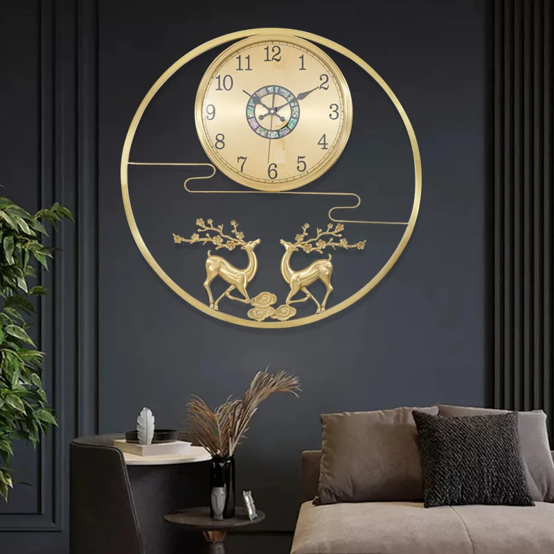 

Brass Deer Wall Clocks Living Room Light Luxury Decoration Round Clock Household Chinese Classical Wall Clocks Creative Clock