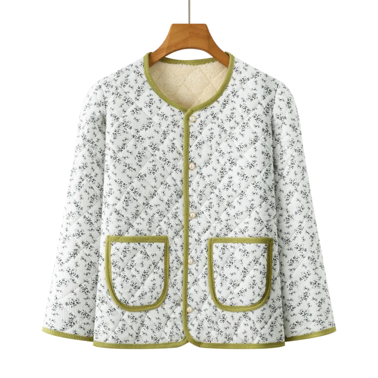 سترة قطنية مطبوعة بالزهور مبطنة بالصوف السميك قصيرة الطول للخريف والشتاء للنساء في منتصف العمر وكبار السن
