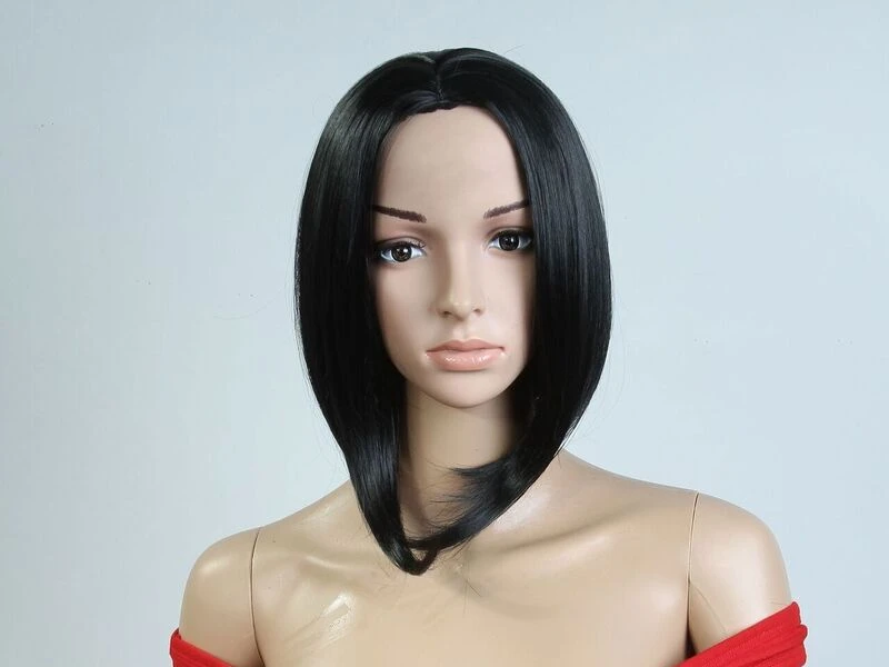 Wig hitam pendek wanita, pesta Cosplay aman panas sintetis lurus