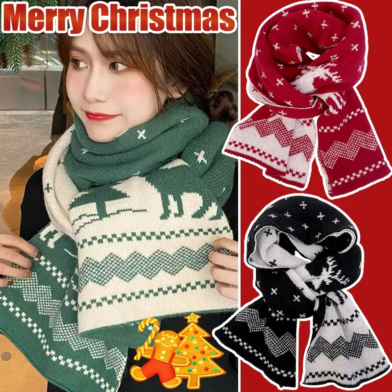 Christmas Deer Big Scarf Autumn Winter Knitted Printed Soft Warm Neckerchief Festival Carnival Thick Couple Matching Neck Warmer