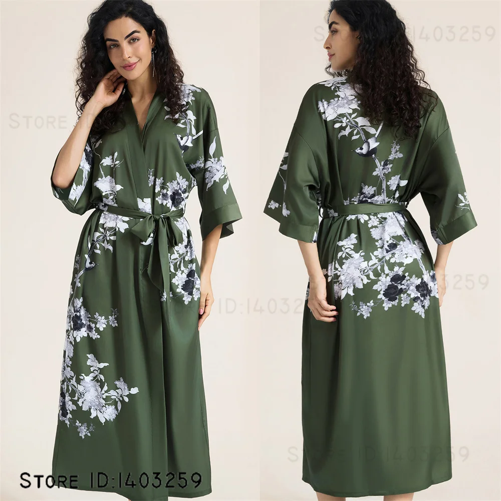 

Новый женский длинный халат с цветочным принтом, кимоно с короткими рукавами, халат, одежда для сна, весенне-осеннее домашнее платье, пеньюар, свободная одежда для дома