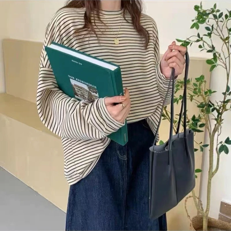 Women Striped Long-sleeve T-shirt Spring Autumn Girl Student Loose-fit Inner Top Top Woman Casual Long-sleeve Base Shirt Ladies