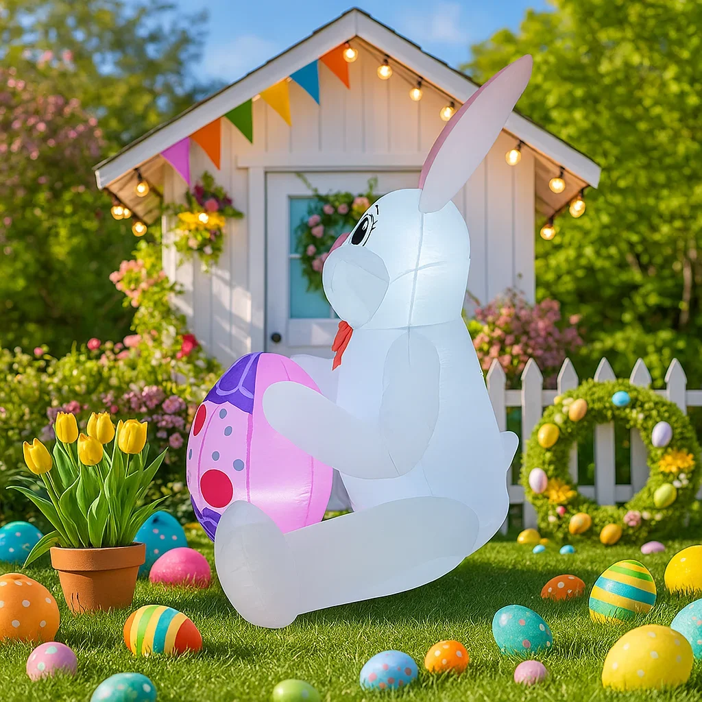 

1.8M/6FT Happy Easter Inflatable Toys White Rabbit Embracing Easter Eggs Decor LED Lights Model Outdoor Garden Party Ornaments
