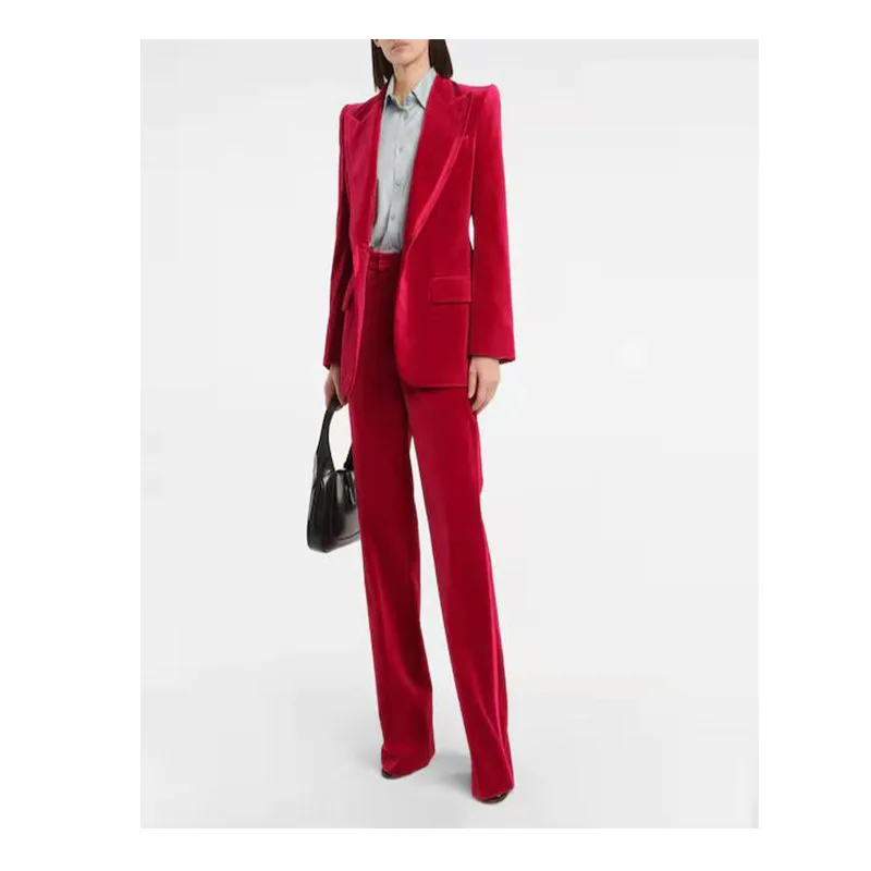 Autumn and Winter Red Velvet Suit Coat Temperament Commuter Trousers Europe and America One Button Casual Solid Color Suit