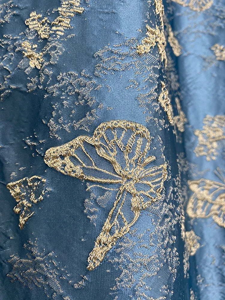 Blue Grey Butterfly Gold Silk Embossed Jacquard Curtains For Bedroom Living Room French Window Villa Customized Finished Product