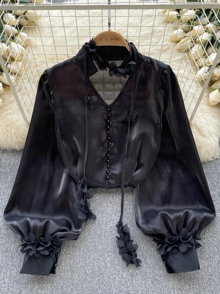 Hikigawa Chic Fashion Women French Vintage Gauze Thin Translucent Sexy Blouse Solid V Neck Long Sleeve Satin Shirt Tops Mujer