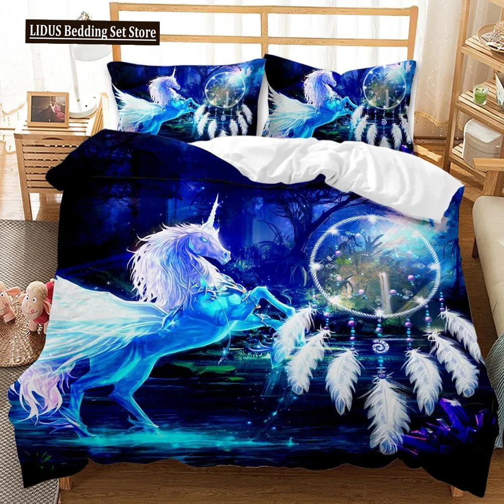 

Dream Catcher Duvet Cover Set White Horse Forest Dream Catcher Blue Bedding Set Double Queen King Size Polyester Qulit Cover