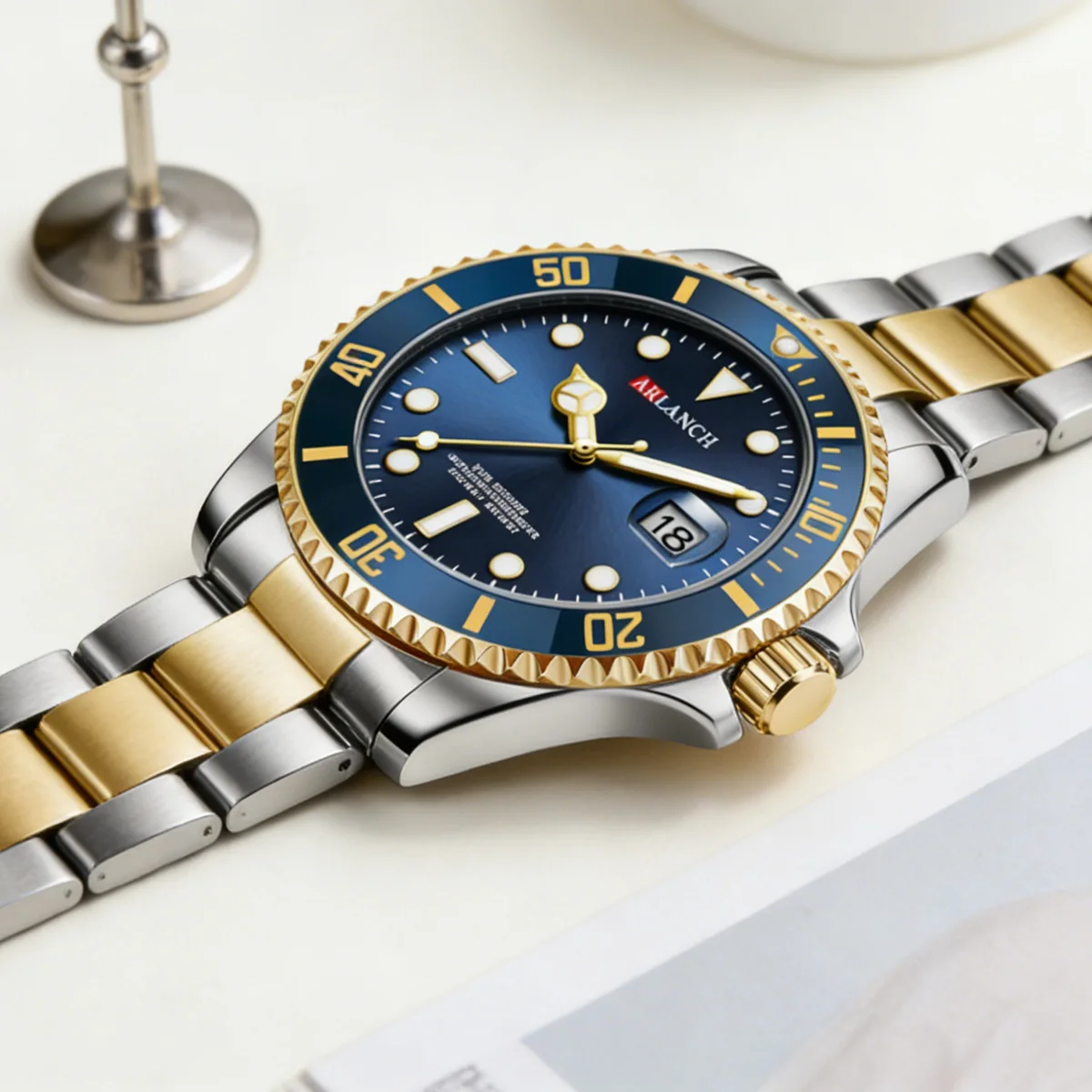 Classic Men Business Watch 40mm Rotating Case Ring Dual Color Stainless Steel Business Clock Diving Series Luxury Quartz Watches