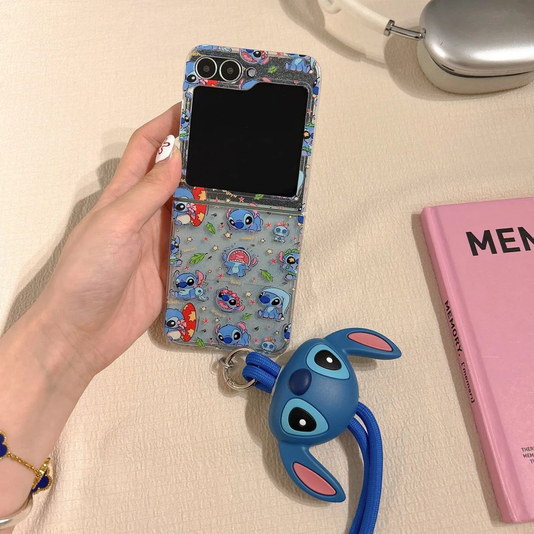 いたずらなステッチ ハッピー ストラップ ヒンジ 耐衝撃 スマホケース Samsung Z Flip 7 6 5 4 ZFlip 6 ZFlip 5 折りたたみ式 ハードPC ソリッドカバー