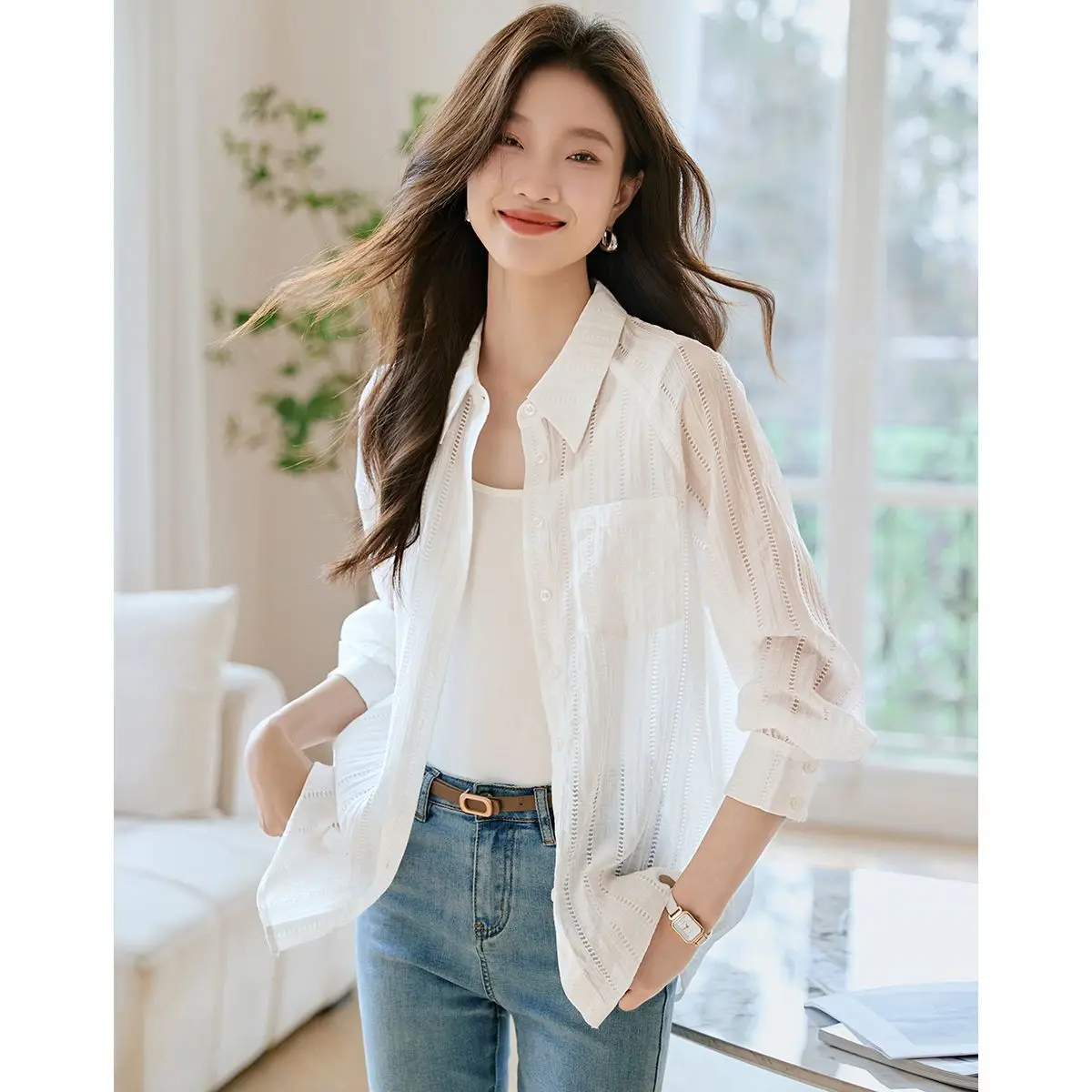 Elegant Fashion Harajuku Slim Fit Outerwear Solid Button Thin Style Hollow Out Long Sleeve Blusa Casual All Match Female Clothes