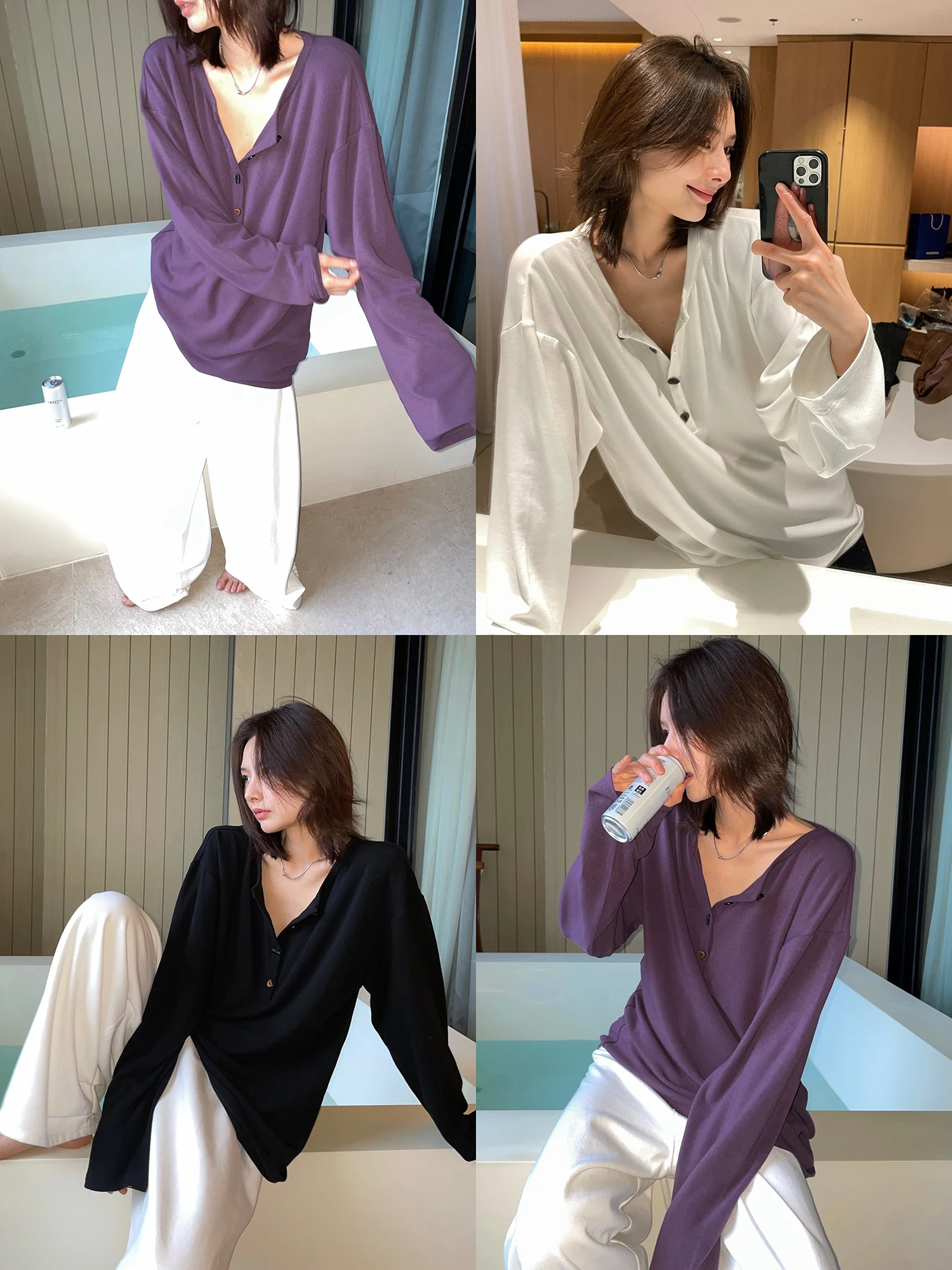 

JCCC adow Henry Button f Open Collar Soft Brued Thin Long Sve Pure Color Inner Wear T-irt Women's Faion Spring ...