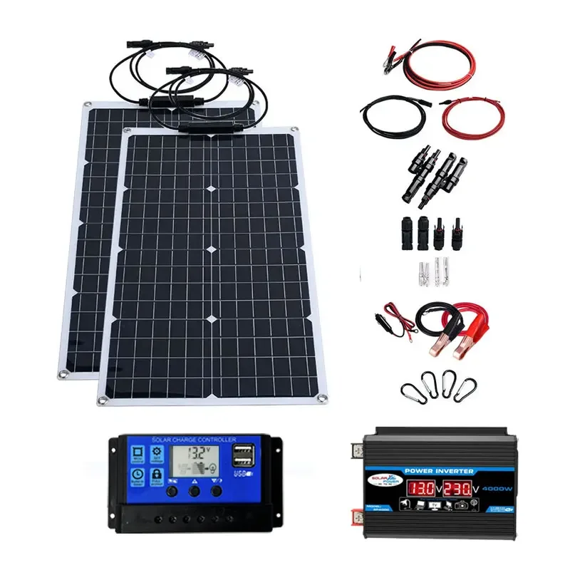 10V 220V 2000W Flexibel Zonnepaneel Systeem 12V Batterij Oplader Controller 4000W Omvormer Kit Compleet Voor Thuis Outdoor Capming