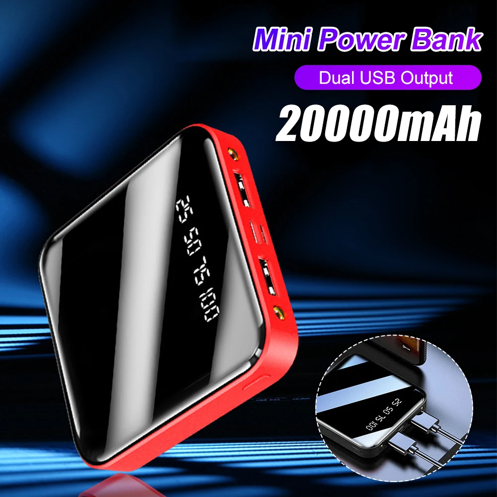 20000mAh Portable Power Bank with LED Flashlight Dual USB Digital Display Mirror Mini External Battery Pack for Travel Camping