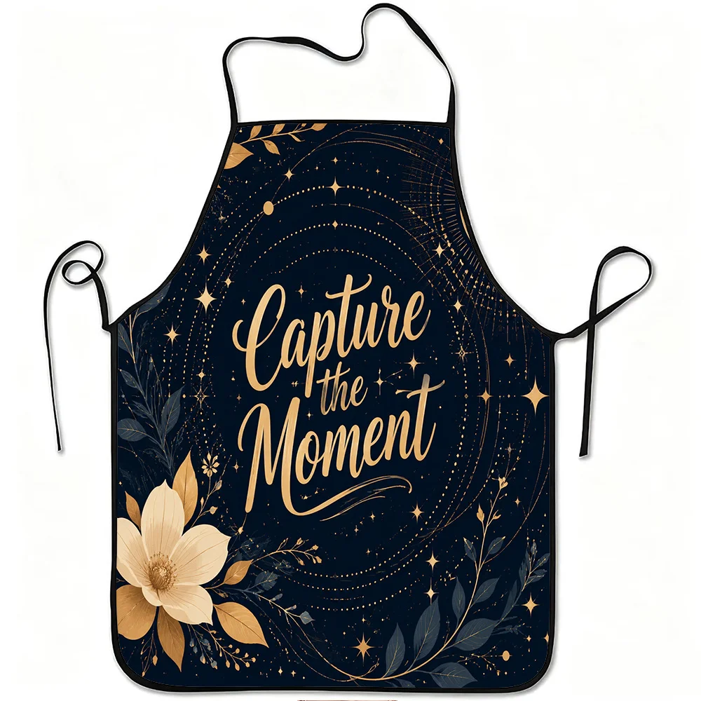 2D Flat, 1pc Navy Starry Sky Golden Floral Print Apron, Thickened Polyester Fabric, Painting, Handmade, Cooking, Baking, Gardeni