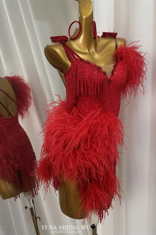 Latin dansjurken op maat gemaakte luxe AB stenen veren franje jurk voor volwassenen en kinderen prestatiekostuums dans rode jurk