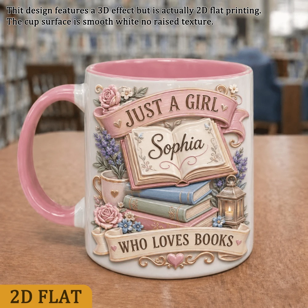 Personalized Book Girl Mug 11oz Custom Name Vintage Stack Books Rose Lavender Print Ceramic Coffee Cup Gift for Reader Literary