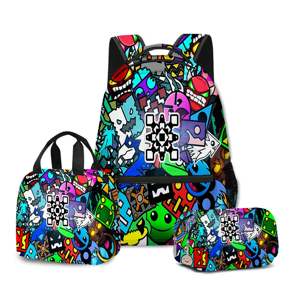 Classic Popular Novelty Geometry Dash 3D Printed 3pcs/Set student School Bags Travel Notebook Backpack Lunch bag Pencil Case
