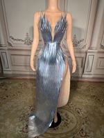 ZD Sexy Evening Dresses for Women Silver Sequin Deep V Neck Mermaid Evening Gowns Long Bead Halter High Side Slit Luxury Party D