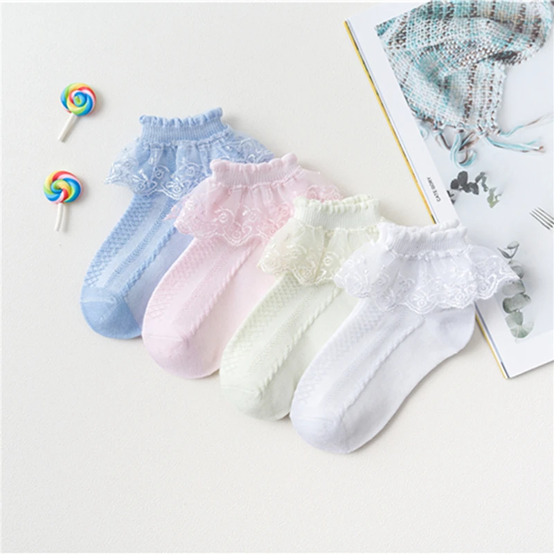 Breathable Cotton Blend Lace Ruffle Princess Mesh Socks Children Ankle Short Sock White Pink Yellow Baby Girls Kids Toddler