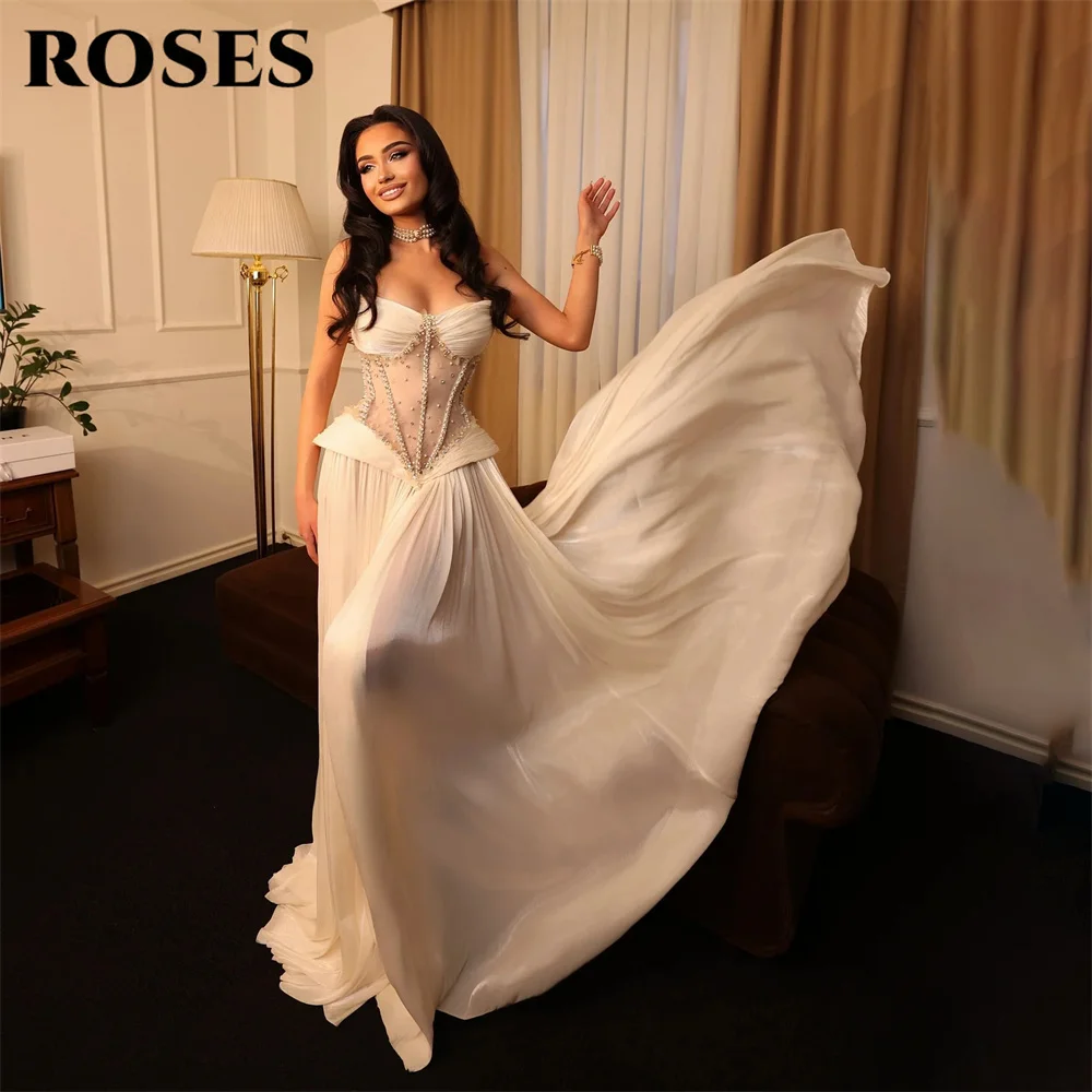 

ROSES Ivory Luxury Evening Dress Sleeveless Beach Party Dresses with Beaded Prom Gowns Flowy Satin robes du soir Customized