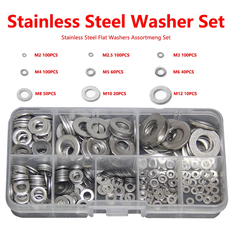 

580Pcs/Box Stainless Steel Washer M2 M3 M5 M6 M8 M10 M12 Flat Plain Gaskets Ultra-thin Metal Washers Rings Assortment Kits