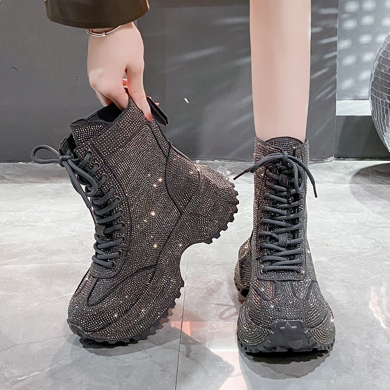 

High-quality Thick-soled Lace-up Full Diamond Fashionable, Versatile, Comfortable, Anti-slip and Breathable Women's Ankle Boots