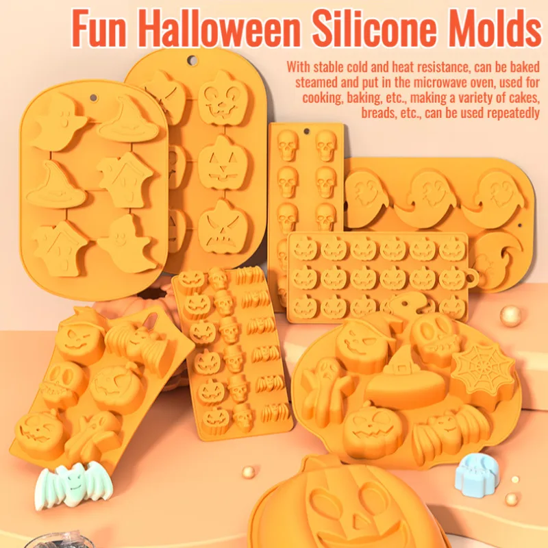 Halloween Horror Pumpkin Bat Silicone Mold Ghost Hat Skeleton Ice Block Chocolate Food Baking Tray Mold Biscuit Cake Baking Mold