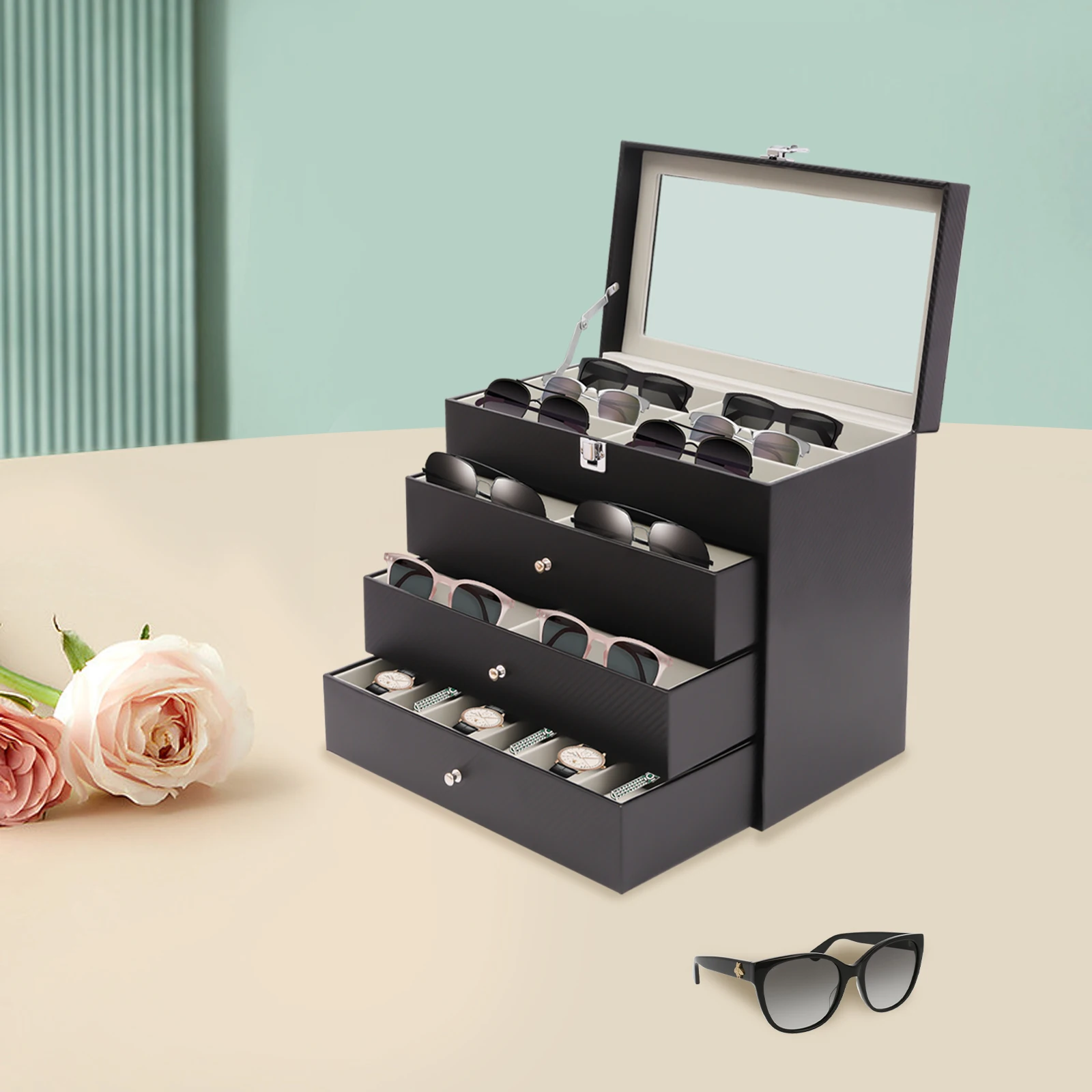 4 Layers Eyeglasses Storage Box Sunglass Watches Jewelry Display Case Dustproof Lockable Glasses Organizer with 3 Drawers, Black