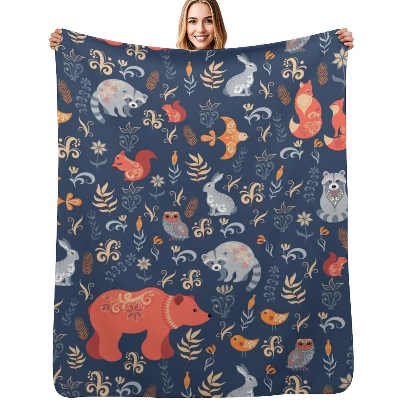 

Fairy-tale forest. Fox, bear, raccoon, owls, rabbits, flowers and herbs on a blue background. Throw Blanket Hairys Blankets