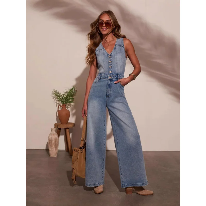 Women's Casual V-Neck Sleeveless Denim Jumpsuit Summer 2026 American Style High Waist Pants