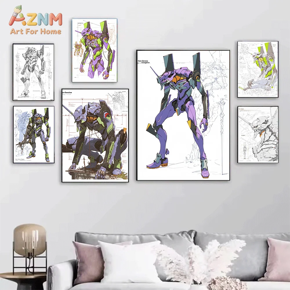 AZNM EVA Unit 01 Canvas Wall Print Single Unframed Neon Genesis Evangelion Mechanical Sketch Anime Robot Art For Boys Room Hom