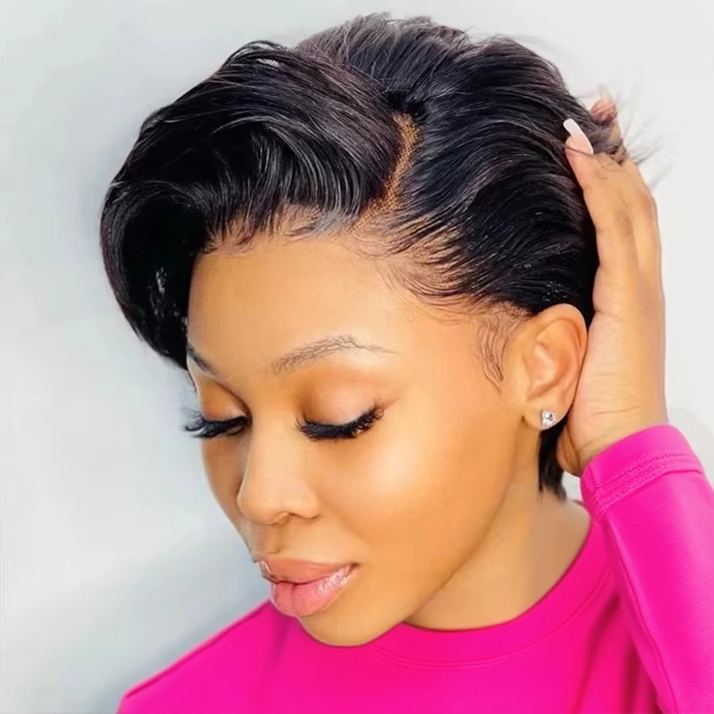 Perruque courte bob coupe pixie droite, 100% cheveux humains, avec dentelle transparente 13x4, perruque frontale HD pour femme noire avec baby hair